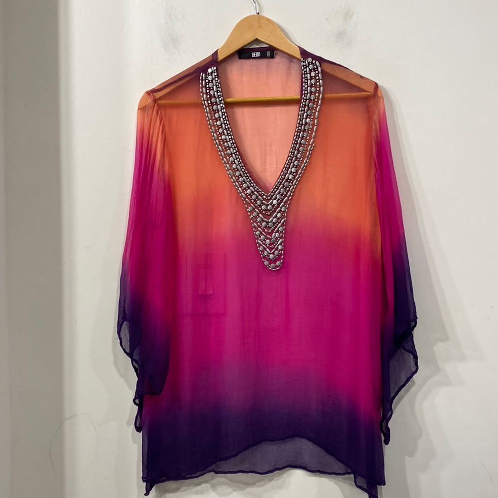 Bedo Sun Beach Resort Ombre Semi Sheer / sheerTunic Dress Beaded size Large